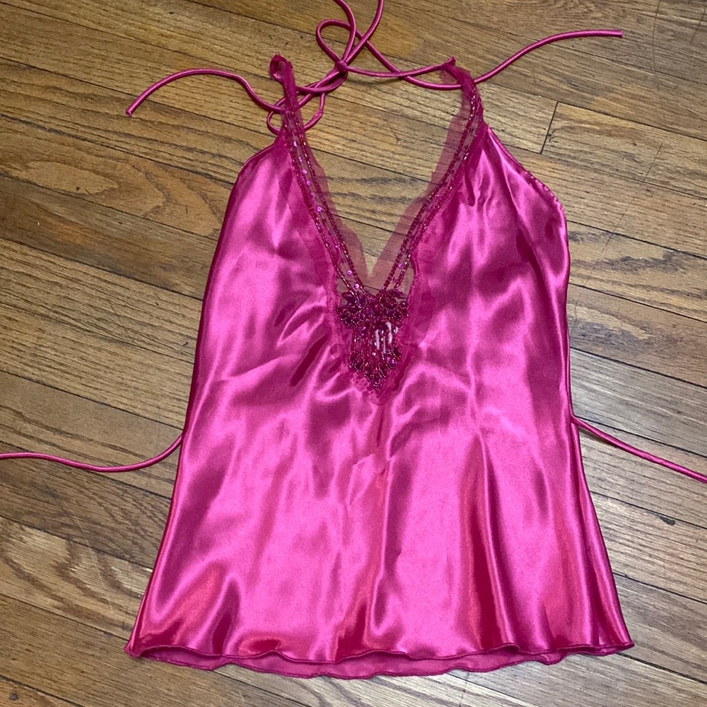 KLD Signature Clothing Pink Silk Deep Plunge Top